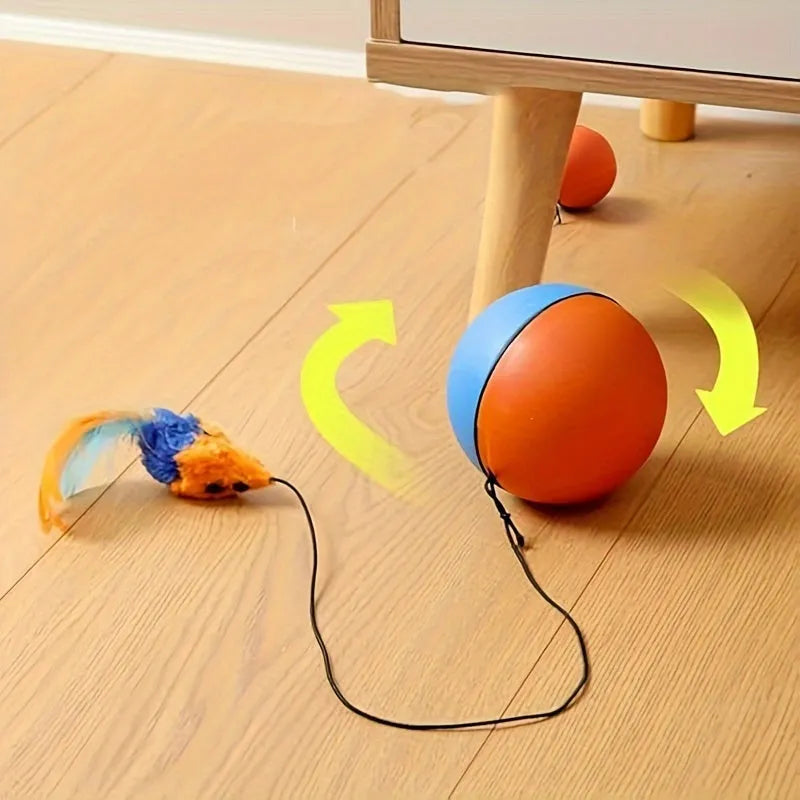 Interactive cat toy ball and plush mouse in blue and orange colours measuring 8.5cm