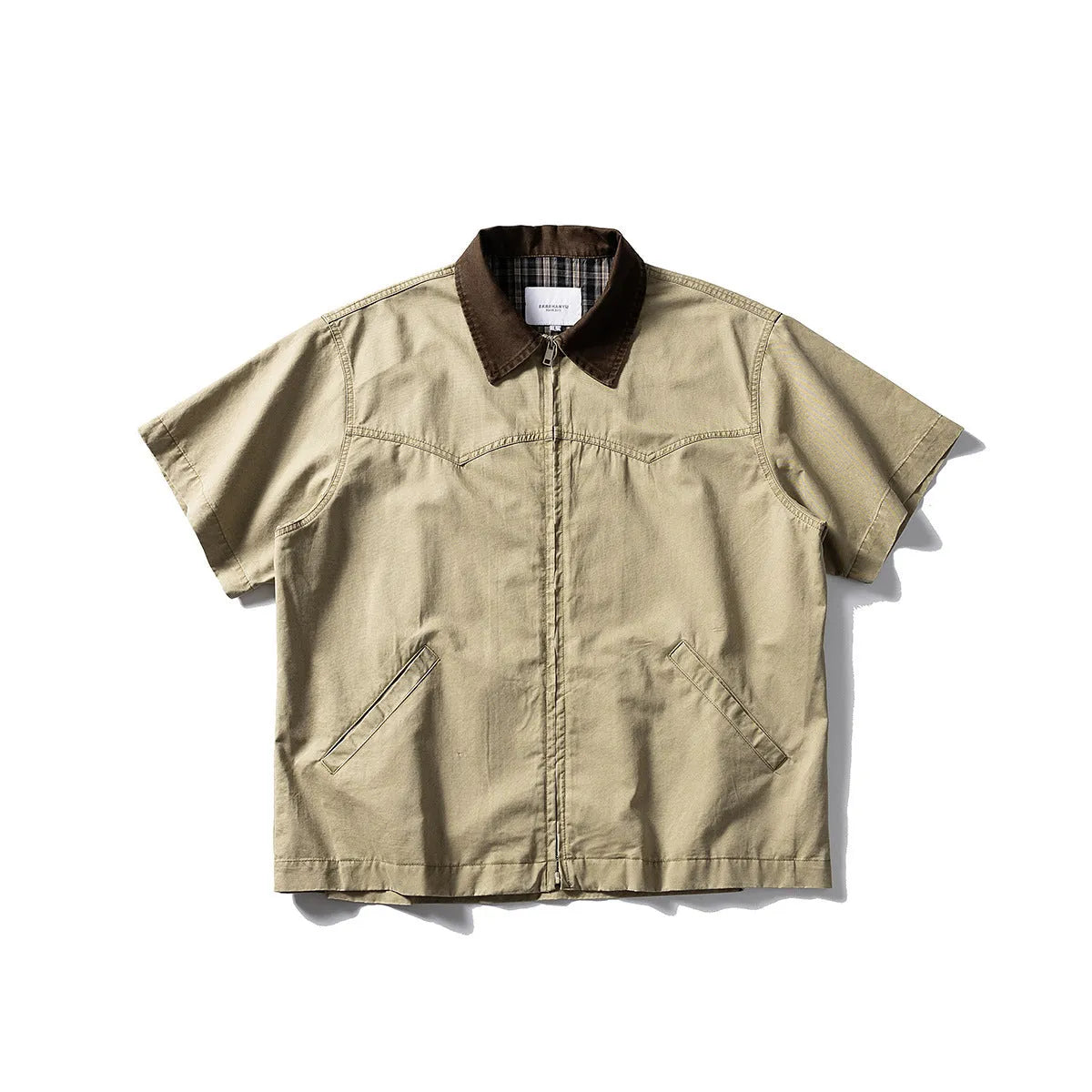 Mens loose fit cotton cardigan with short sleeves in grey or khaki colours, washed overalls style