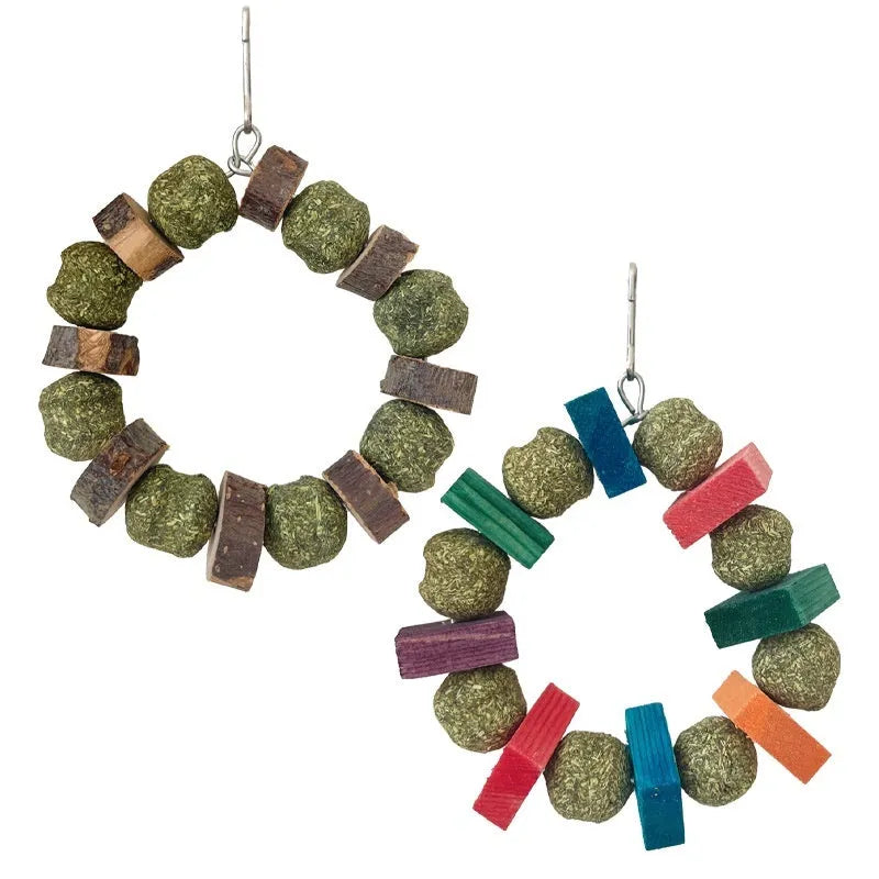 Hamster chew toy with straw ball and applewood ring components for small pets