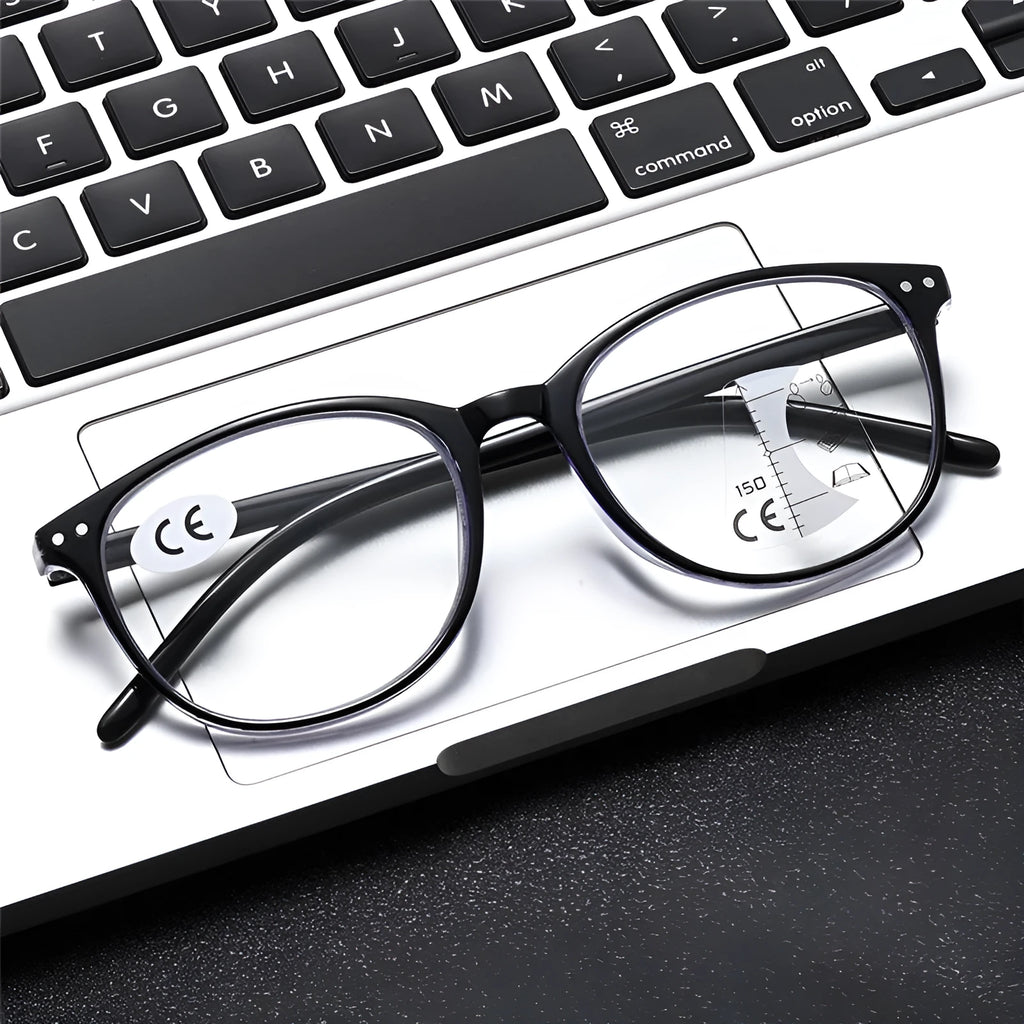 Woman wearing ultra-lightweight multi-focus presbyopic glasses with a black frame.