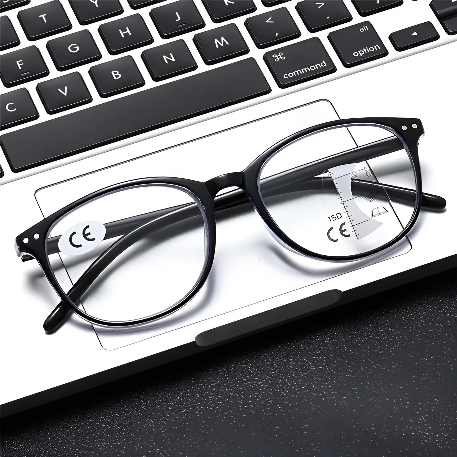 Woman wearing ultra-lightweight multi-focus presbyopic glasses with a black frame.