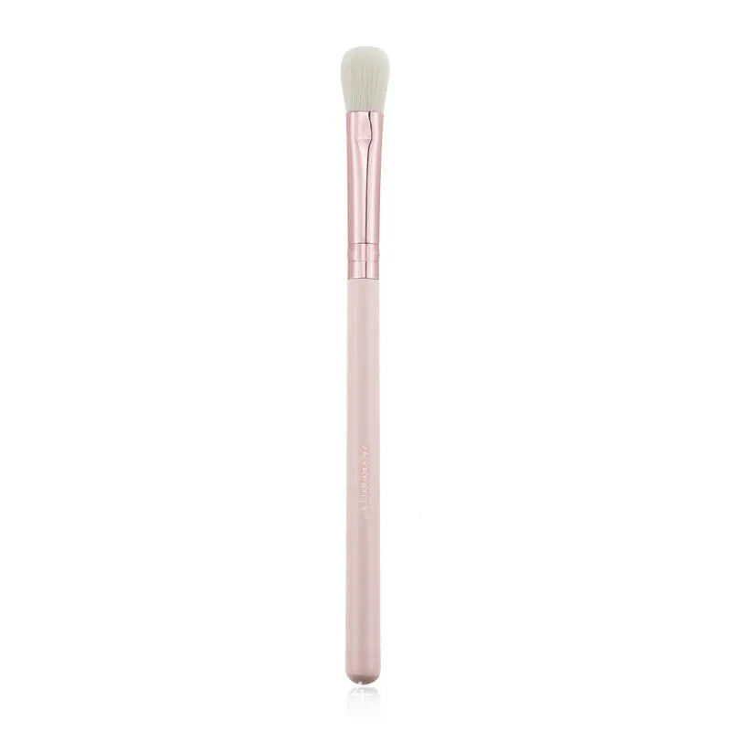26 pink wooden-handle makeup brushes arranged in a grey PU zip case.