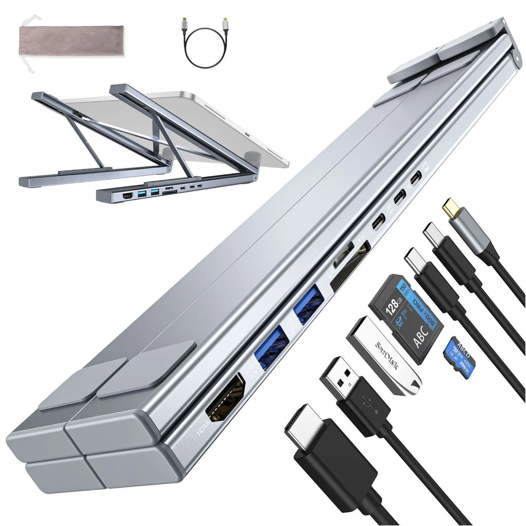 Aluminium alloy folding laptop docking station stand with multi-port HUB in 8-in-1 colour.