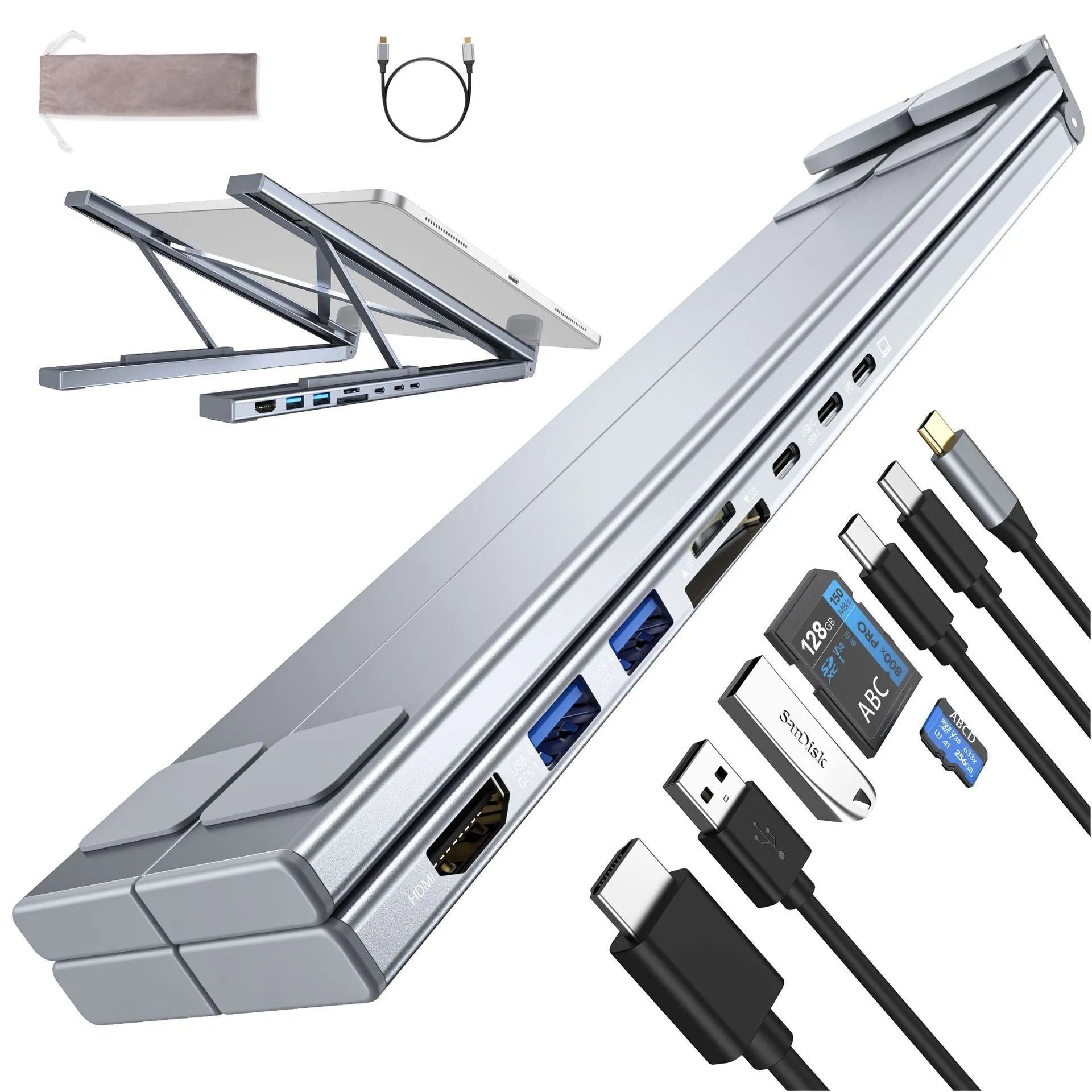 Aluminium alloy folding laptop docking station stand with multi-port HUB in 8-in-1 colour.