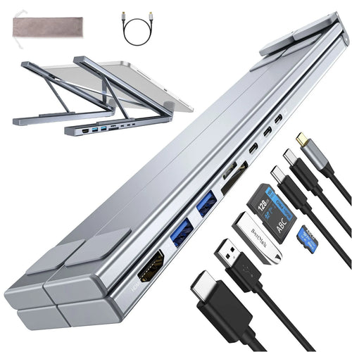 Aluminium alloy folding laptop docking station stand with multi-port HUB in 8-in-1 colour.