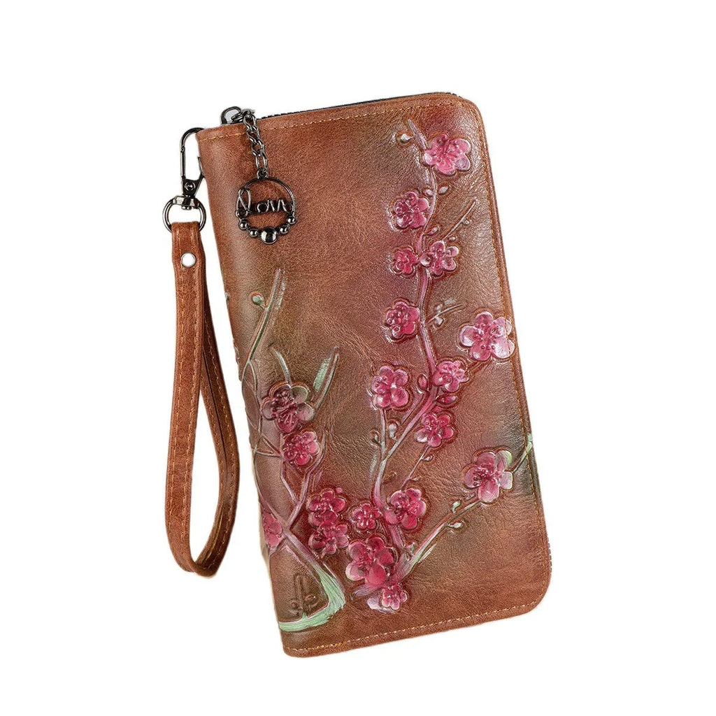 Retro brown handbag with embossed floral design and a large metal YKK zipper.