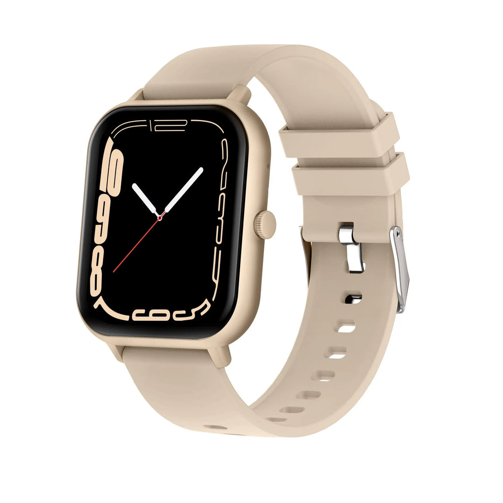 A smart watch with a metal case and wrist strap, showing a TFT screen displaying heart rate data.