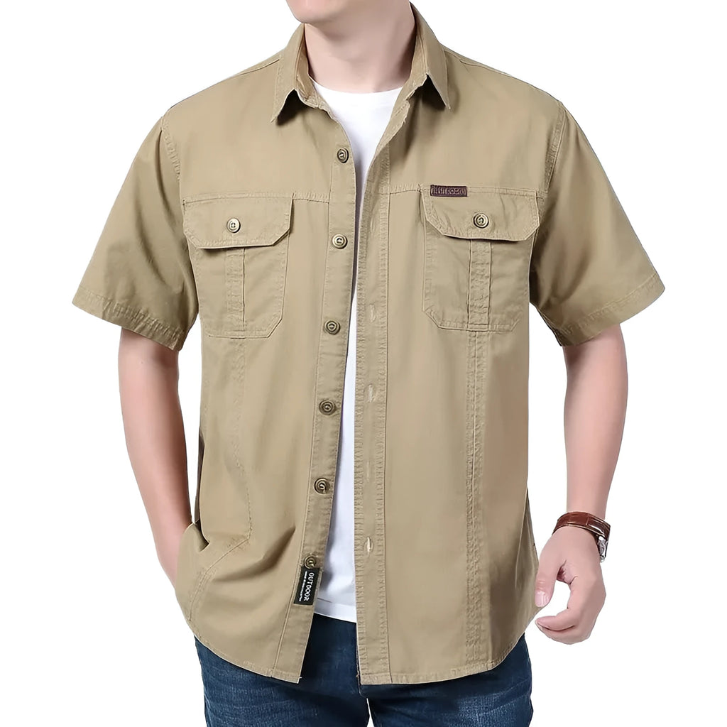 Men's solid colour cotton short sleeve cardigan shirt in dark blue, regular fit, summer wear
