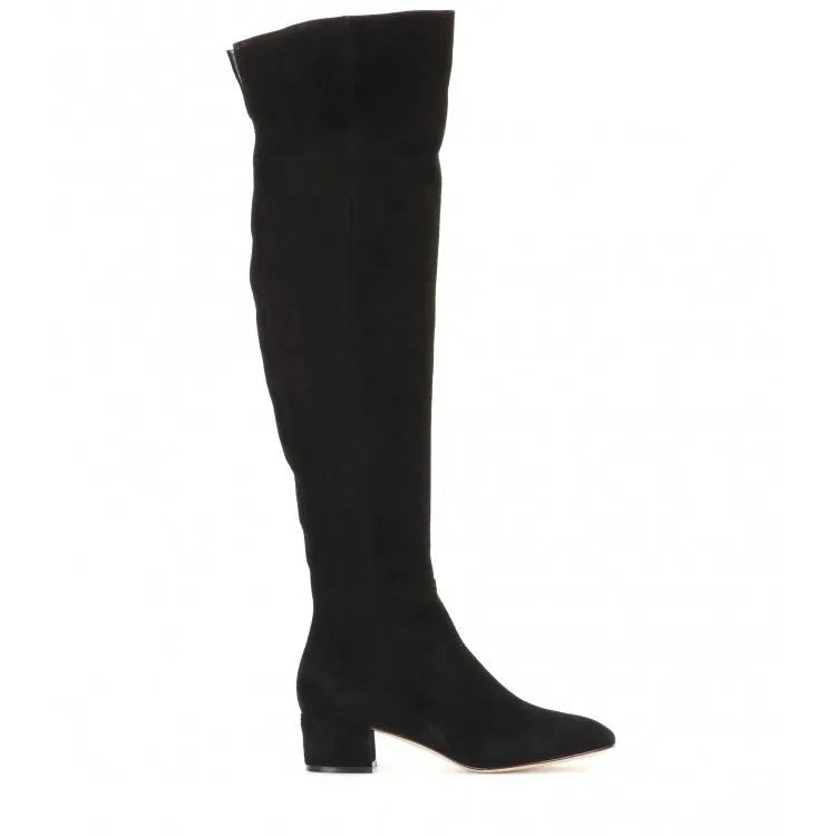 Grey suede women's over the knee flat boots with a pointed toe and thick low heel.