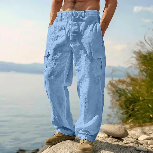 Men's cotton wide-leg casual trousers in seven colours with elastic mid waist