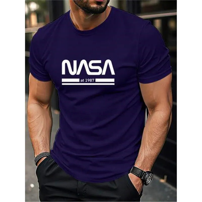 Men's slim-fit cotton short sleeve T-shirt with printed letters design in various solid colours