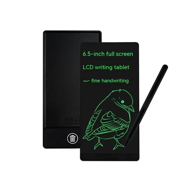 Blue LCD writing board with stylus showing handwritten arithmetic on 6.5-inch screen