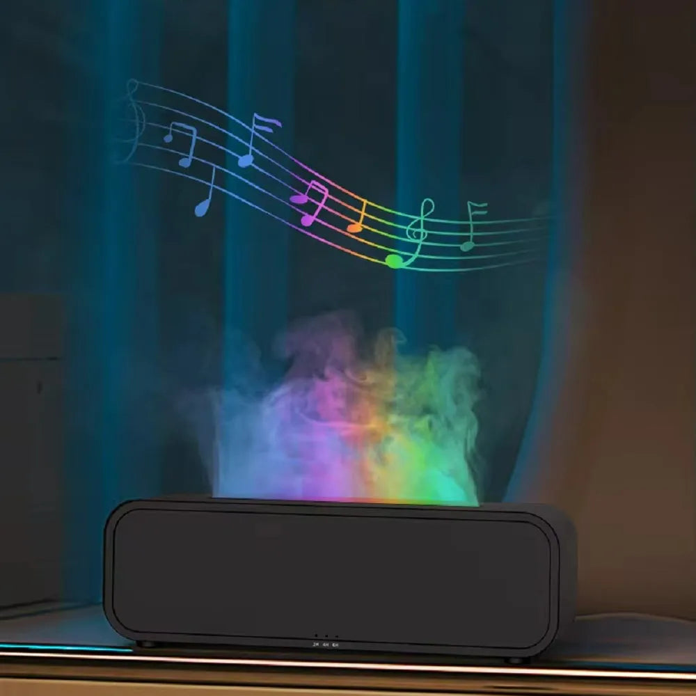 Black and white flame effect aroma diffuser with remote control on a table