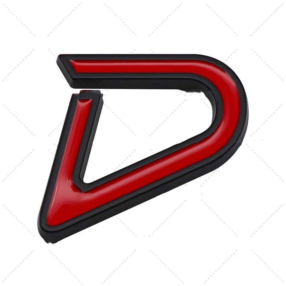 SD and D pattern metal car bumper stickers in red, silver, and black colour combinations