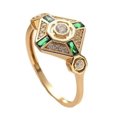 Square-shaped women's ring with a green emerald gemstone on a geometric band.