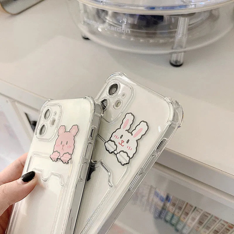 Clear cartoon design TPU phone case with integrated card slot for iPhone, showing BQ2472 colour option.