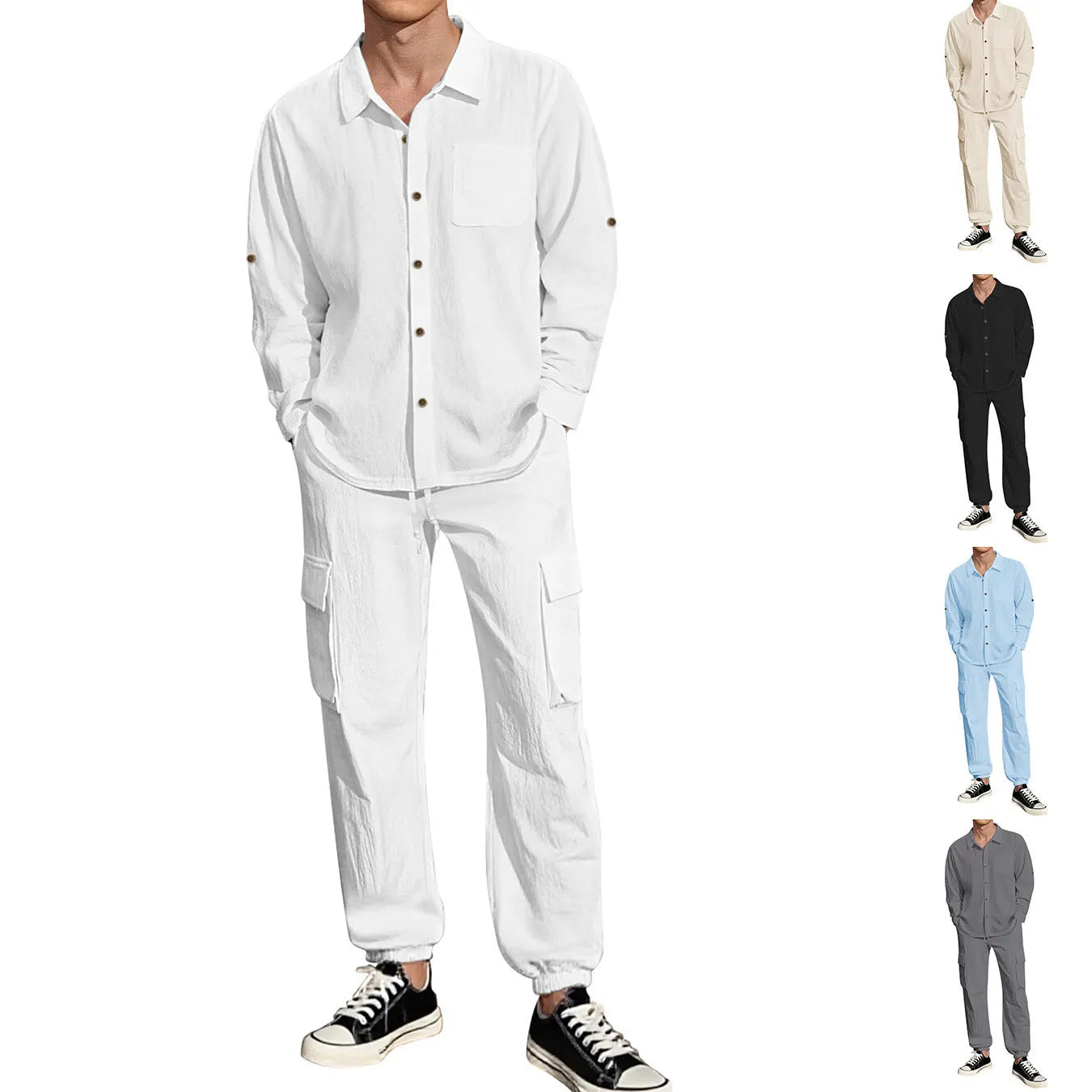 Long sleeve lapel linen shirt and trousers suit set for women in apricot colour on white background