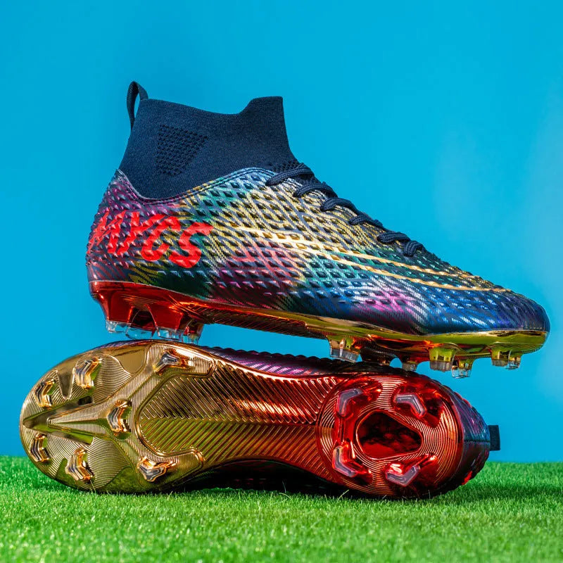 Men's outdoor training gold-plated high-top soccer shoes in green with synthetic leather upper and rubber sole