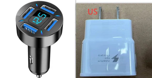 Four-port USB car charger with QC3.0 fast charging and LED voltage display for vehicles.