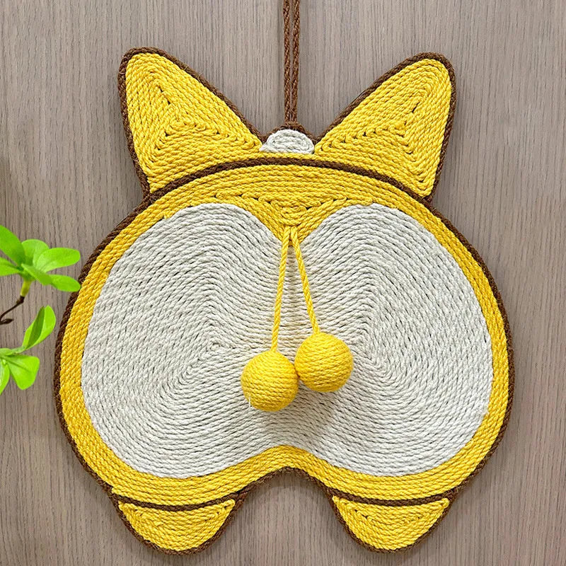 Yellow Corgi butt-design sisal cat scratching pad with anti-slip base and adhesive hooks.