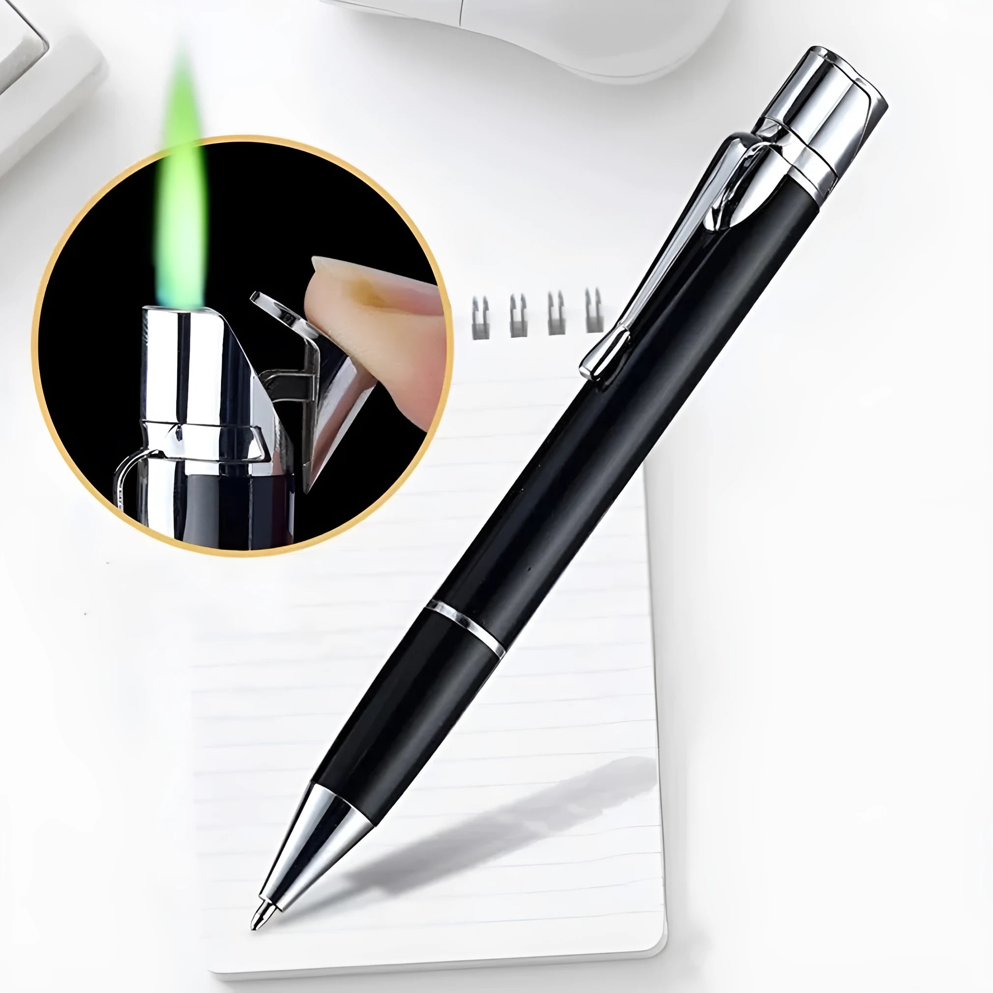 Metal windproof pen lighter showing jet flame, available in black blue red rose red silver yellow colours