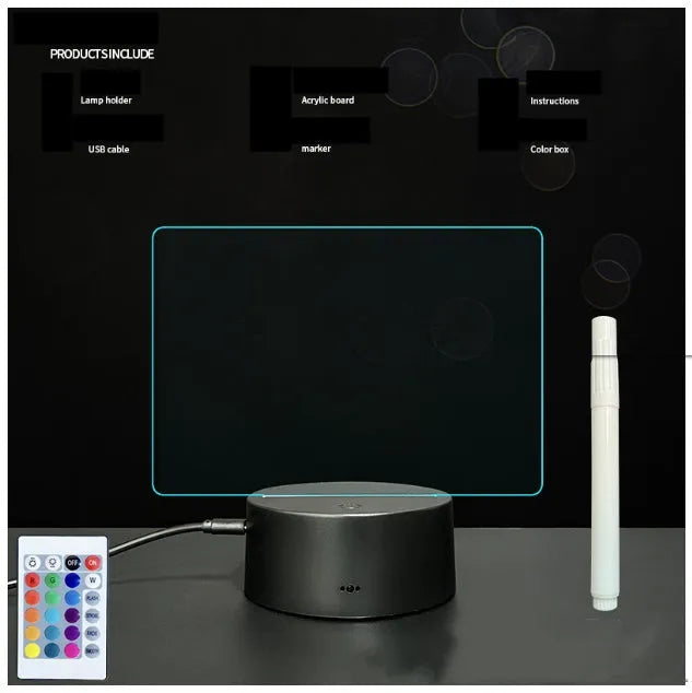 Black 3D acrylic LED message board night light with remote control and pen on desk