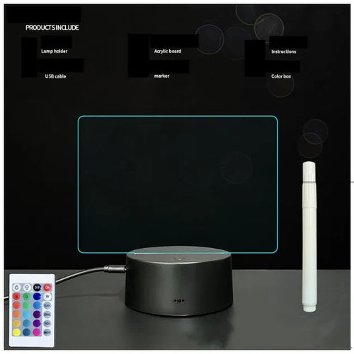 Black 3D acrylic LED message board night light with remote control and pen on desk