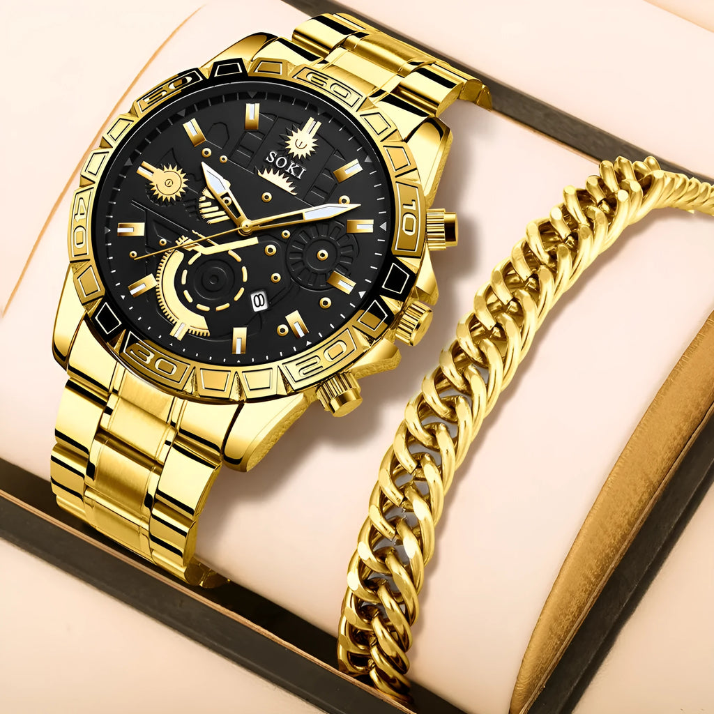 Men's gold business watch with stainless steel strap and calendar display