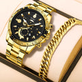 Men's gold business watch with stainless steel strap and calendar display