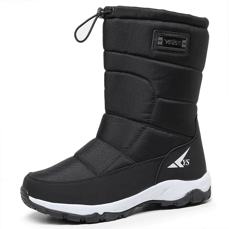 Men's waterproof snow boots with fleece lining, canvas upper, side zipper, and mid heel in multiple winter colours
