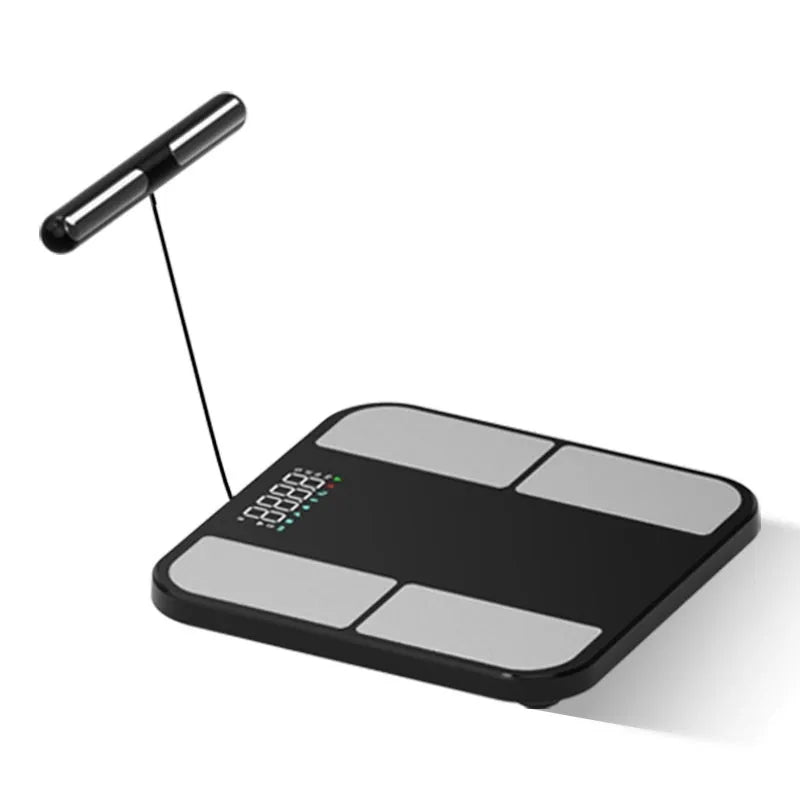 Black electronic health scale with tempered glass platform displaying body composition analysis on colour screen