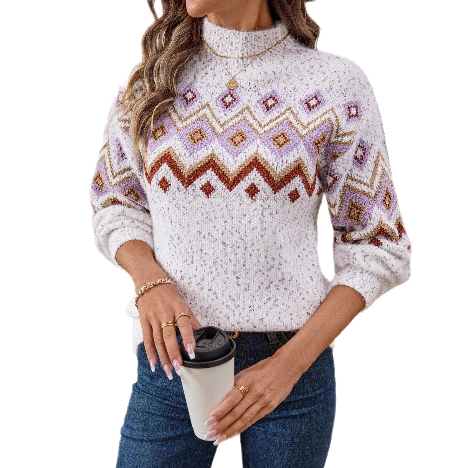 White geometric jacquard half turtleneck sweater with loose fit street fashion styling