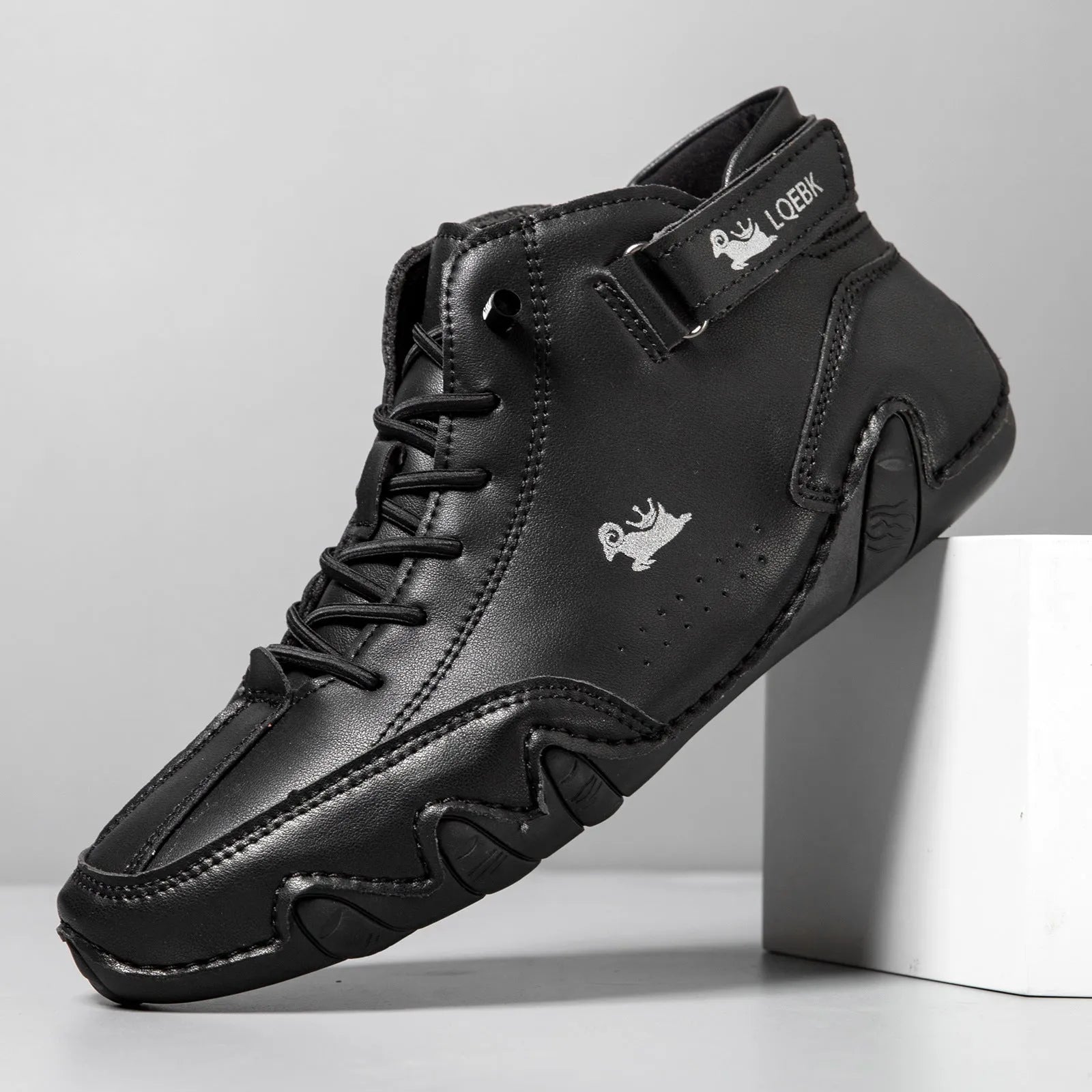 Men's brown high-top Martin boots with round toe and flat rubber sole