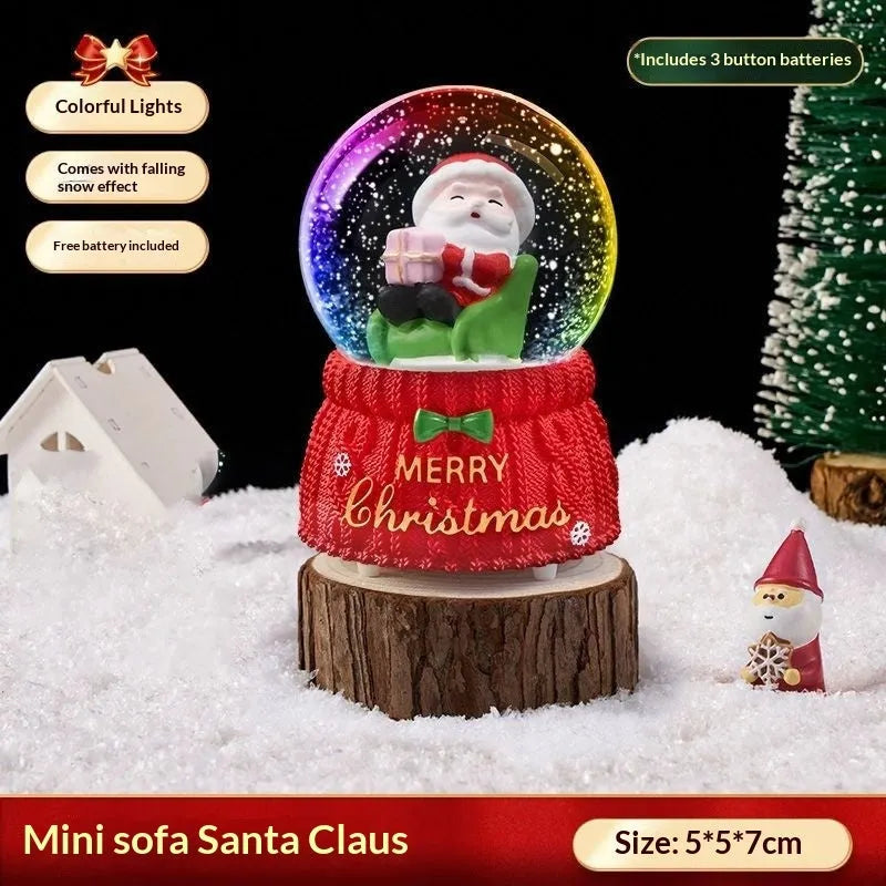 Christmas crystal ball music box with automatic snow, internal lights, and a Santa Claus scene inside a glass dome on a resin base