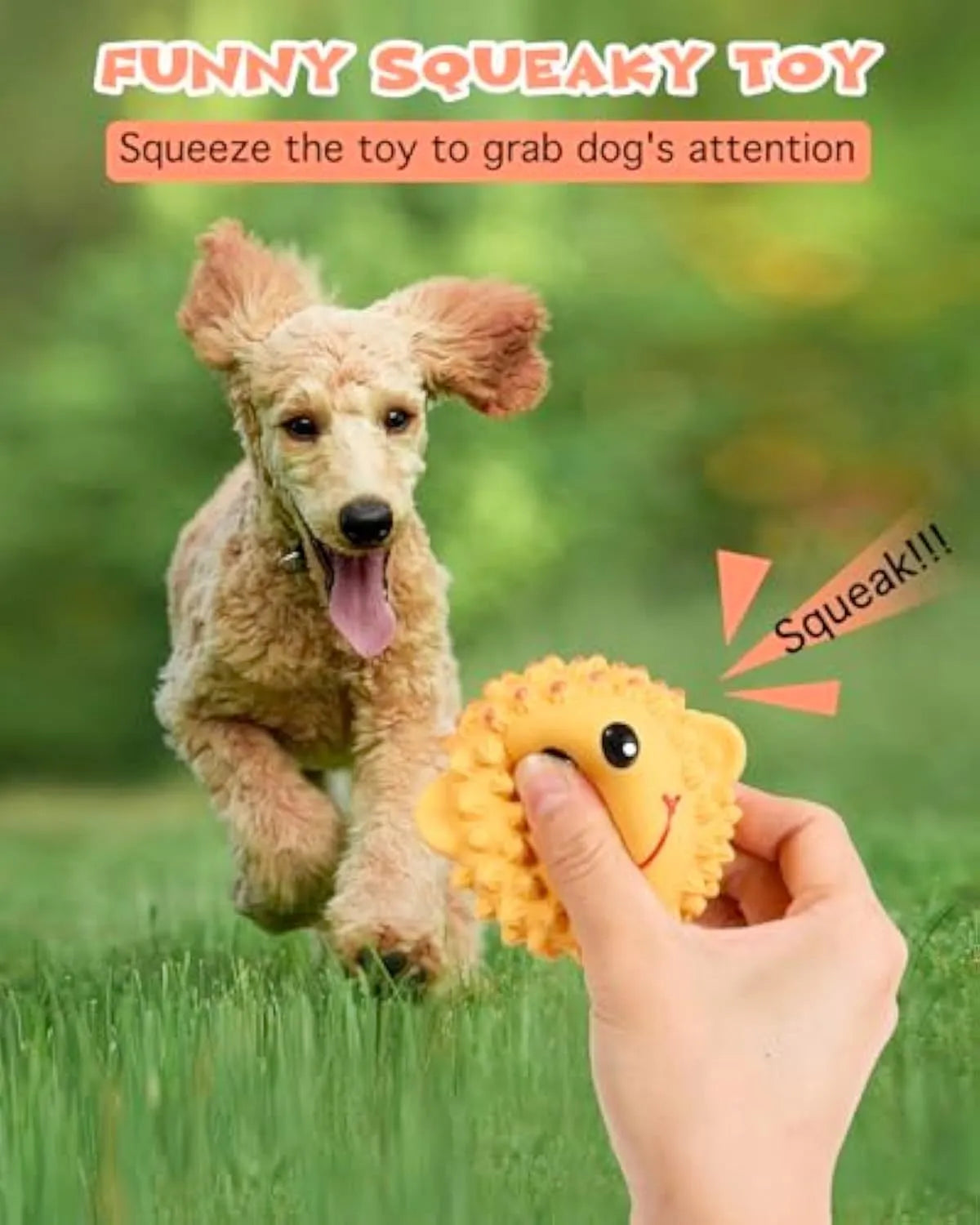 Orange and yellow spiky latex dog toys shaped like lamb and monkey with teeth cleaning texture