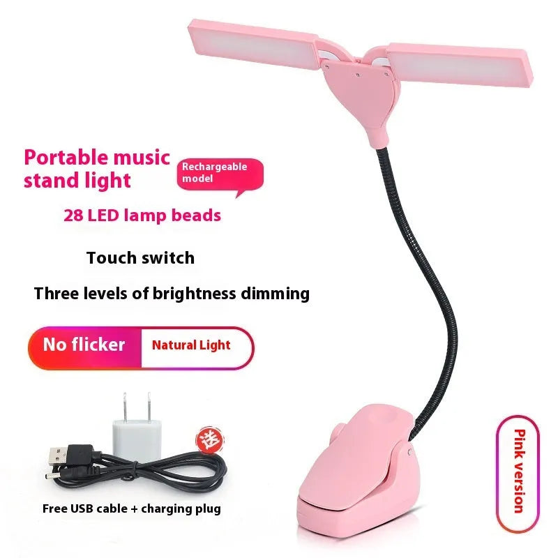 Rechargeable music stand light with 28 LED bulbs in black, pink or white plastic housing