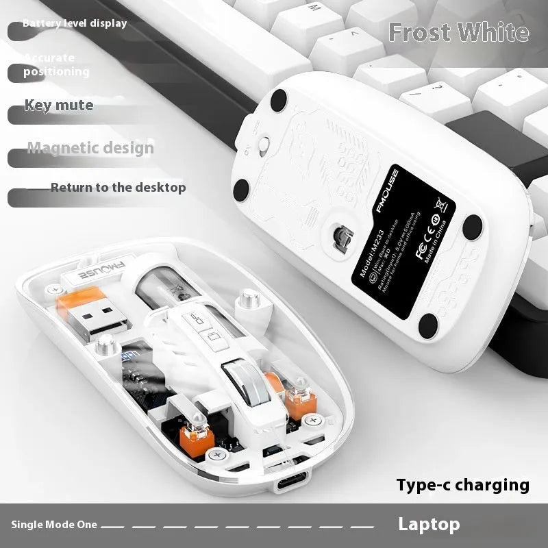 Transparent wireless mouse with USB receiver showing internal components