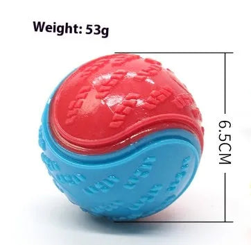 Red and blue TPR rubber dog ball with squeaker, shown next to a 6.5 cm measurement guide.