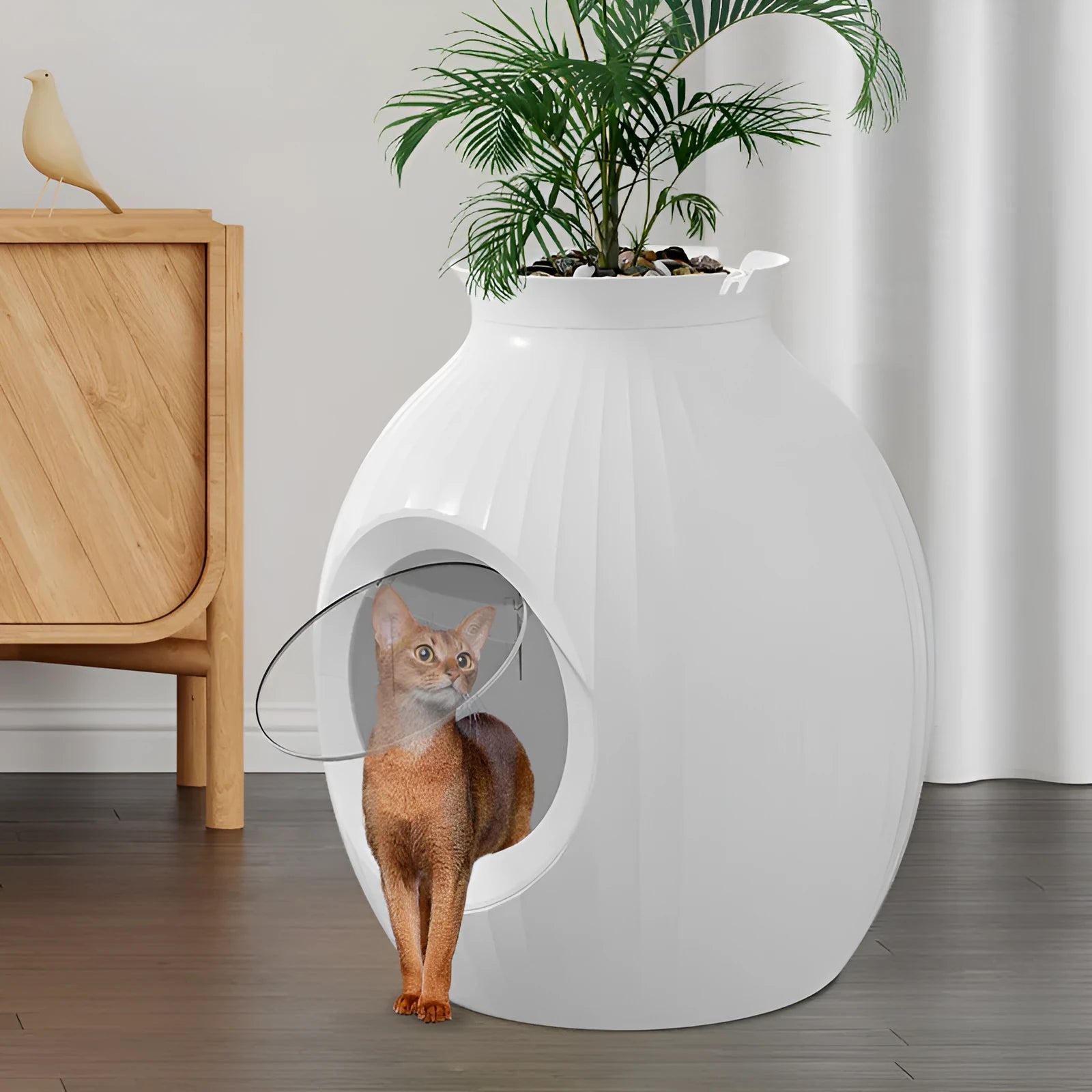 Oversized flower pot style fully enclosed deodorant litter box in gray ABS plastic