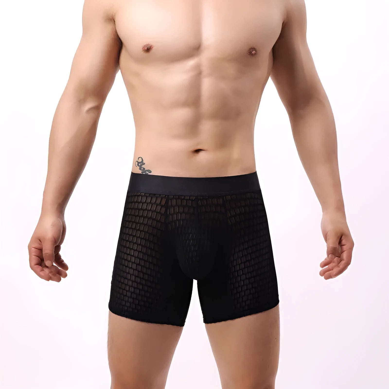 Men's lace mesh boxer shorts in light purple colour, showing low waist waistband and geometric knit pattern.