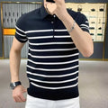 Men's black striped lapel knitted pullover t-shirt on white background