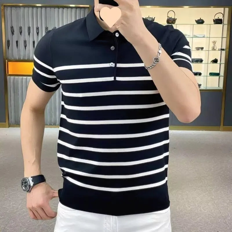 Men's black striped lapel knitted pullover t-shirt on white background