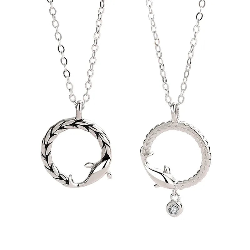 S925 sterling silver fish pendant necklace with diamond-encrusted finish and silver chain