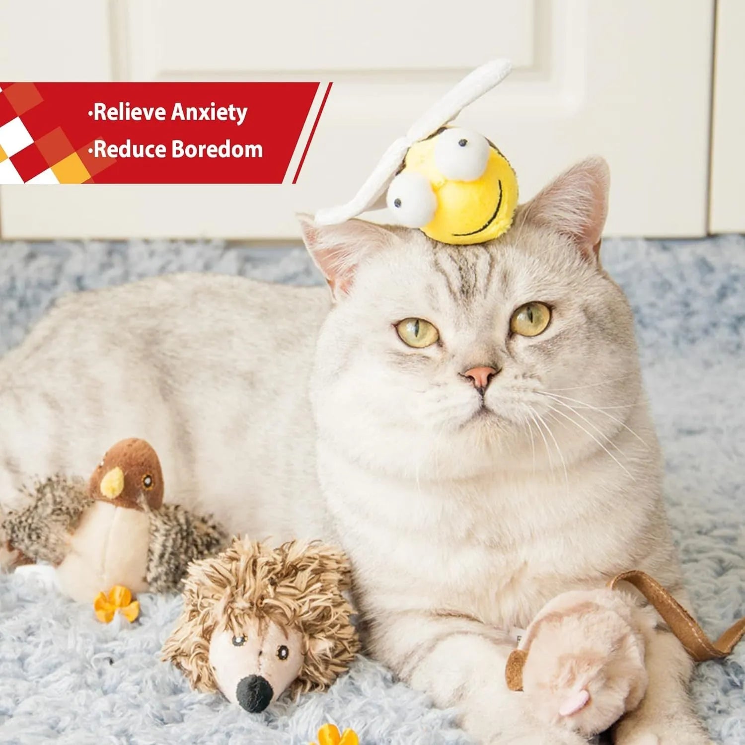 Yellow flannelette bee-shaped electronic cat toy with motion-activated sound