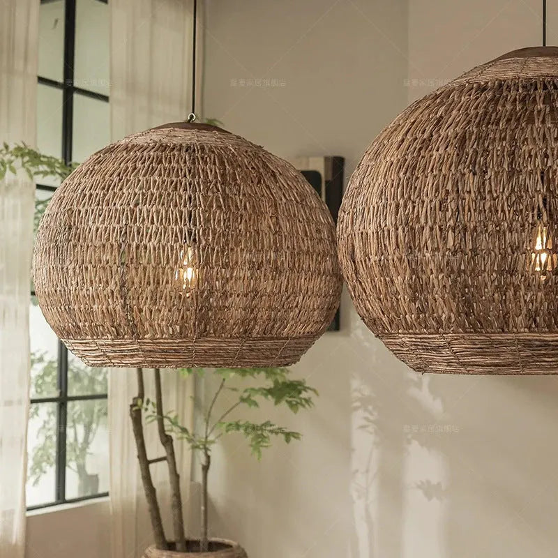 Rattan Japanese style dining room chandelier pendant light, diameters 45cm 60cm 80cm, silent wind design, natural woven shade