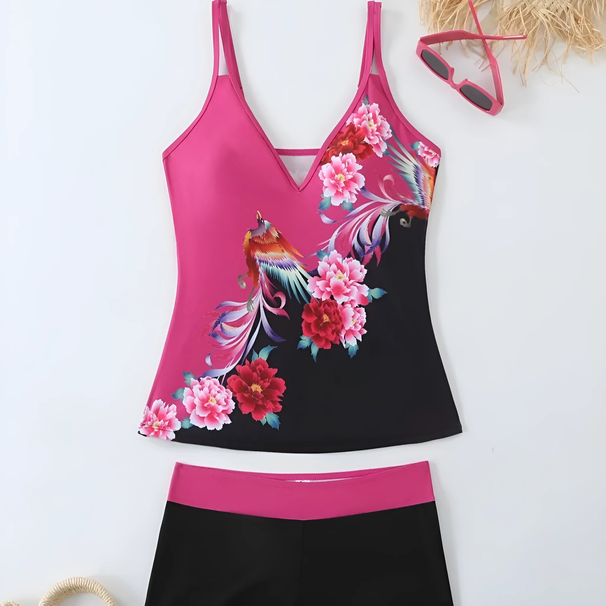 Women's black plus size brief swimsuit and swimming trunks set with a cotton lining.