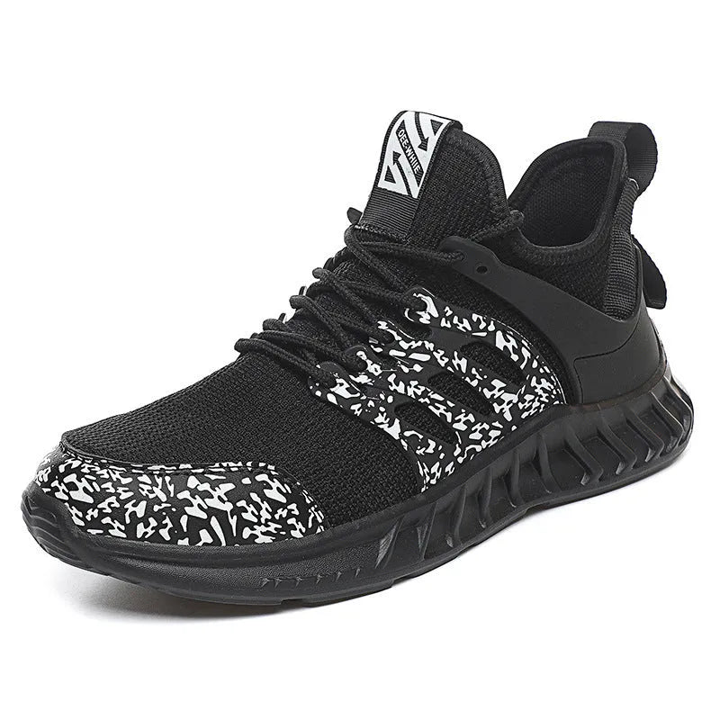 Flying woven mesh sneakers black side view showing lightweight plush upper and rubber sole