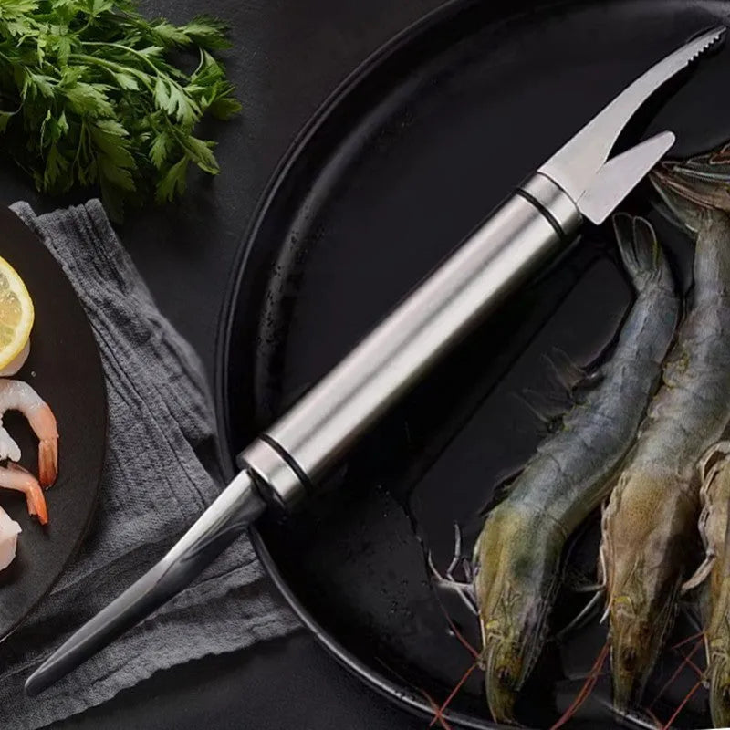 Multifunctional stainless steel shrimp remover with eagle-beak design and double row of blades on a clean surface
