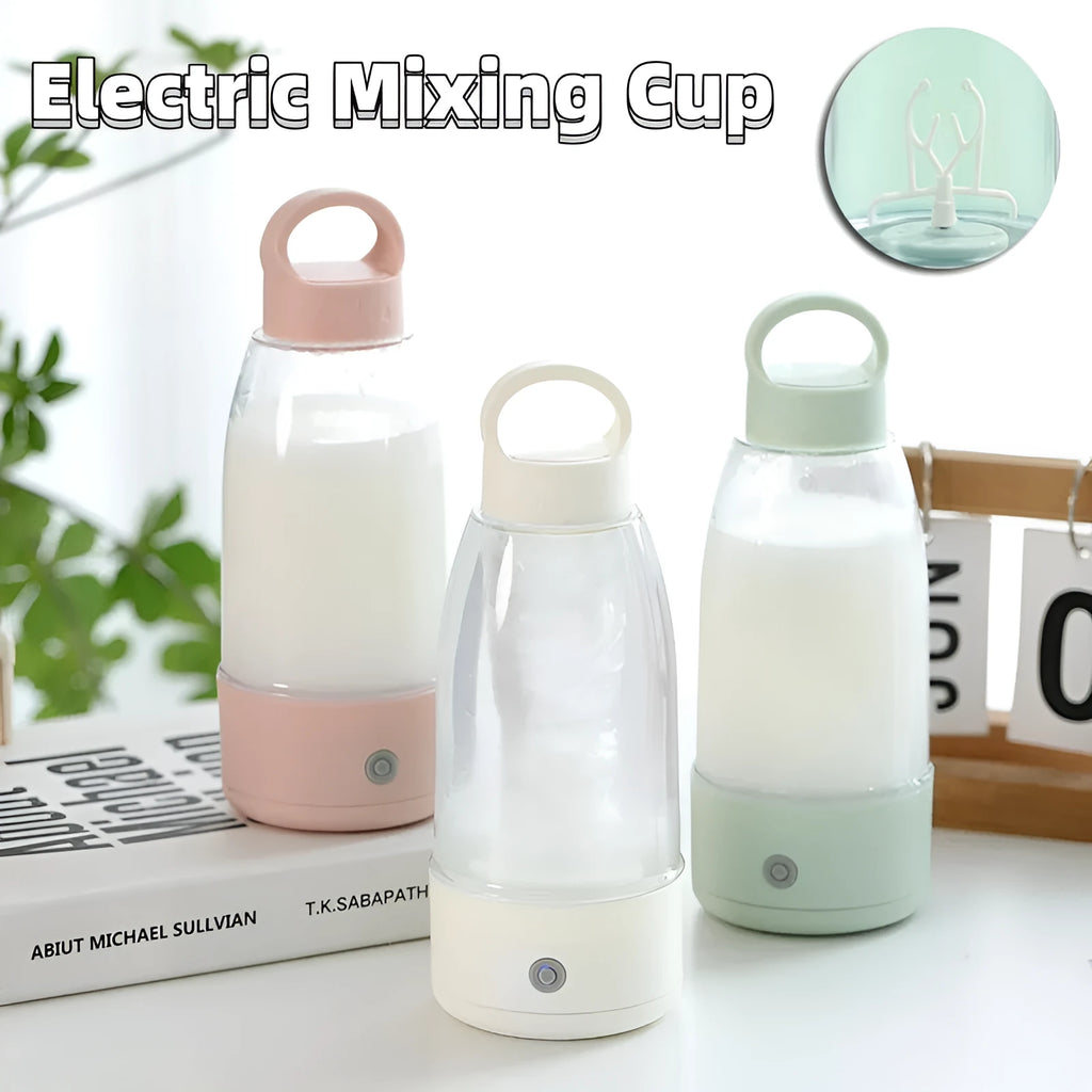 Automatic electric shaker bottle in green with USB charging port and handle.