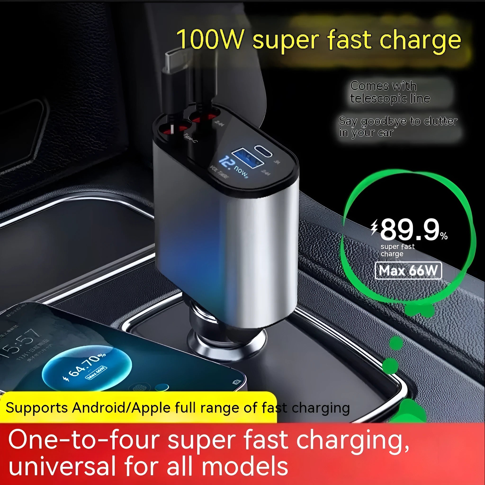 Automatic retractable car charger plugged into a vehicle cigarette lighter socket with extended cable.